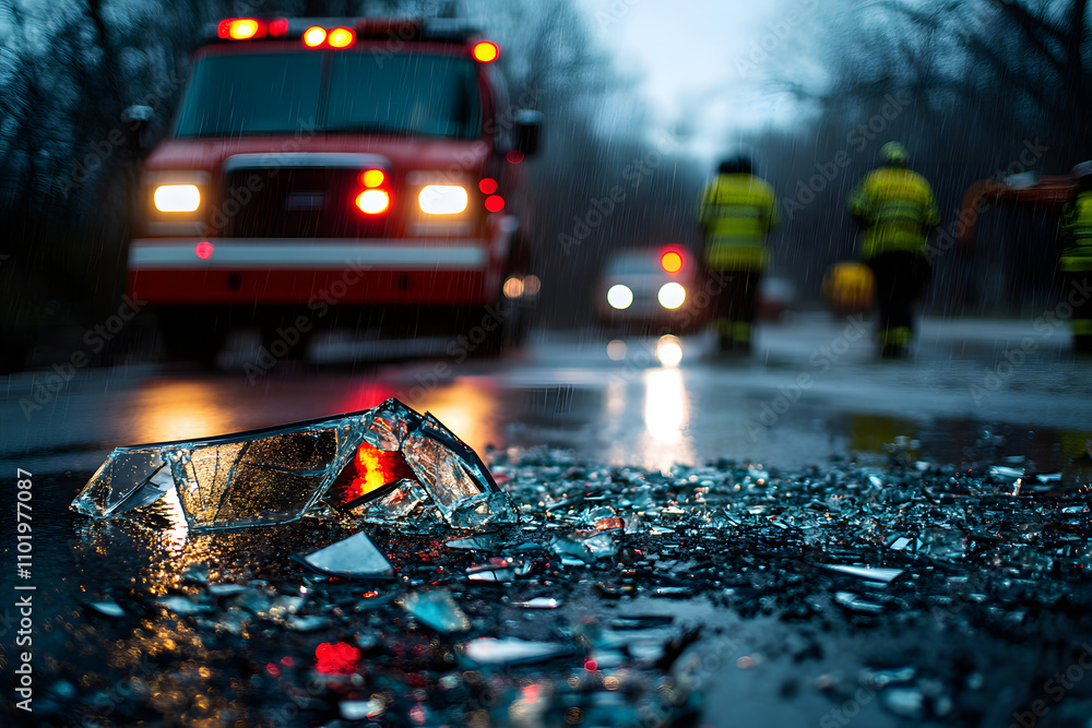 Intersection Car Crash Scene with Scattered Items on Cloudy Day Intersection Car Crash Scene with Scattered Items on Cloudy Day