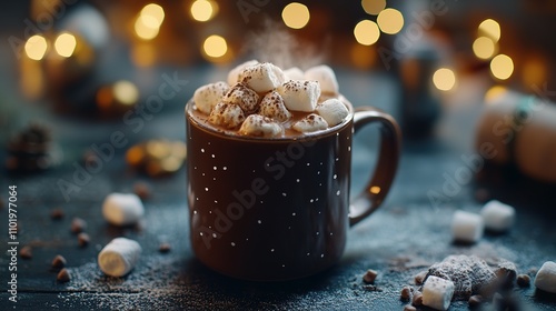 Steaming mug of hot chocolate topped with marshmallows and cocoa powder.