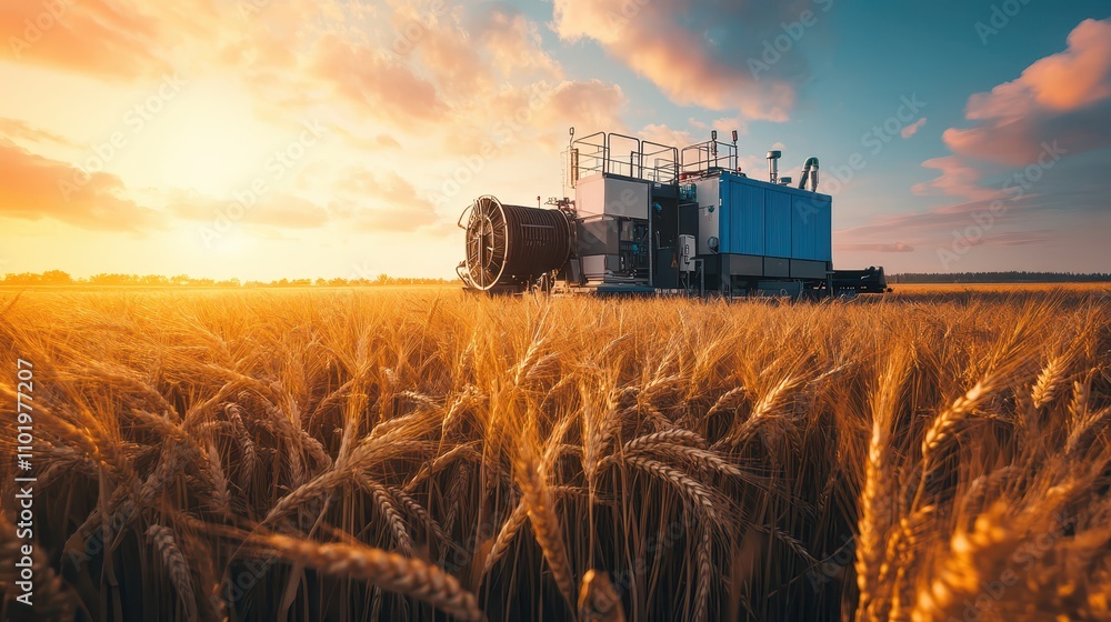 Fototapeta premium Agricultural irrigation power generator in a golden wheat field during early harvest. Ground-level view highlighting industrial reliability and robust equipment integration.