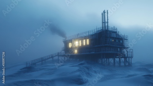 Cinematic Arctic Research Station: Generator Installation Under Polar Dawn Lighting, Showcasing Advanced Cold-Environment Engineering Precision and Technological Adaptation.