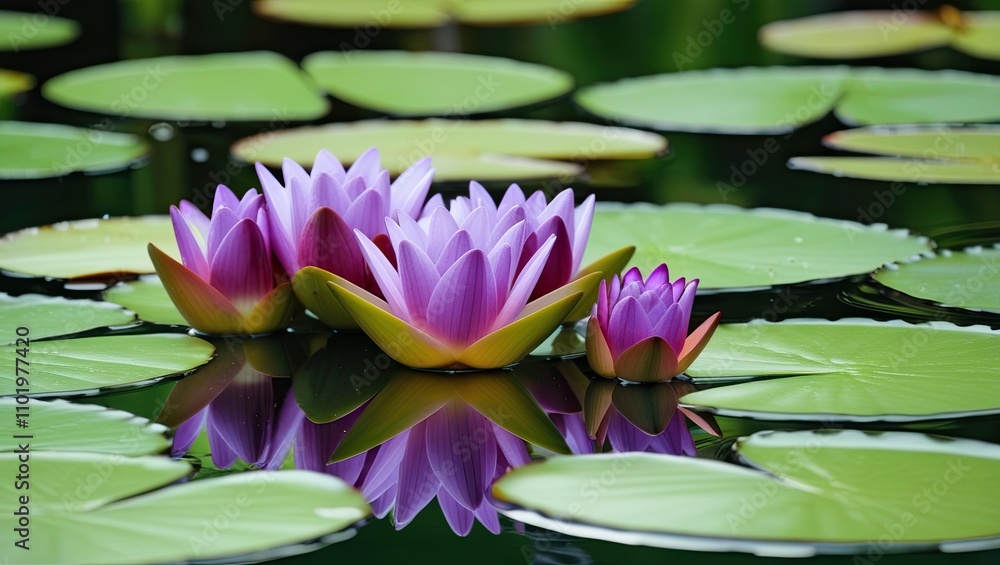 With green lily pads in the backdrop, lovely purple water lilies in bloom are seen floating elegantly on a pond. With green lily pads in the backdrop, lovely purple water lilies in bloom are seen floating elegantly on a pond.