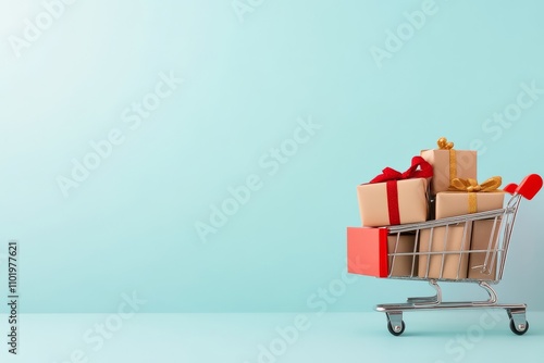 A shopping cart filled with beautifully wrapped gifts against a soft blue background, perfect for holiday themes and celebrations.