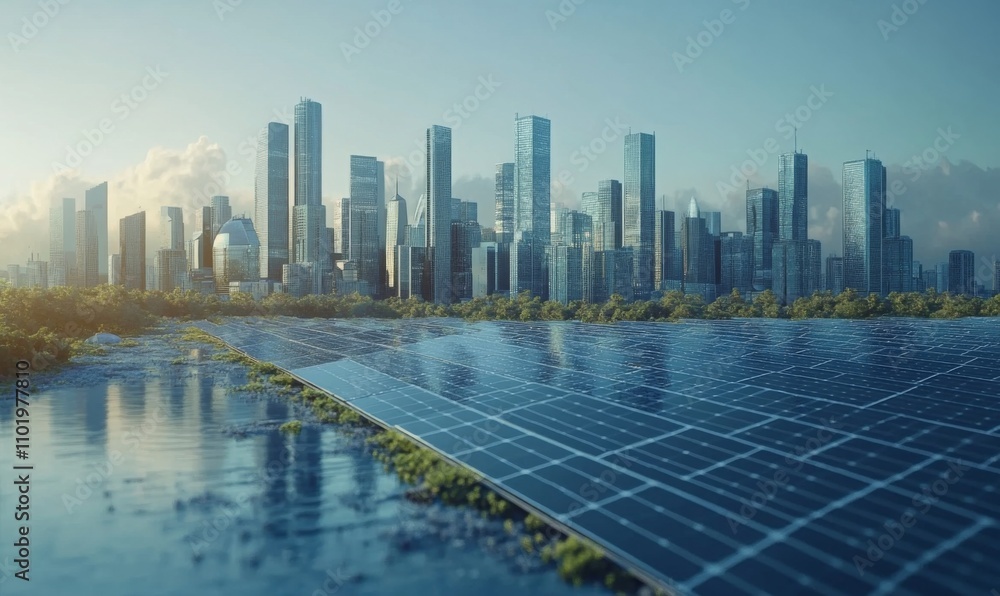 Fototapeta premium Solar-powered cities with advanced energy systems, sustainable future technology, 3D illustration
