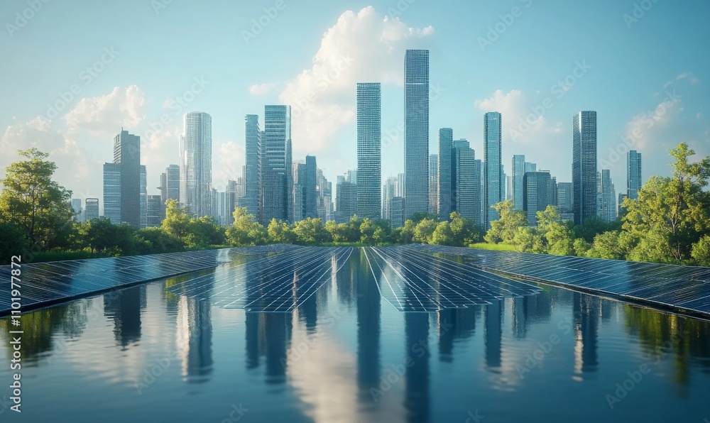 Fototapeta premium Solar-powered cities with advanced energy systems, sustainable future technology, 3D illustration