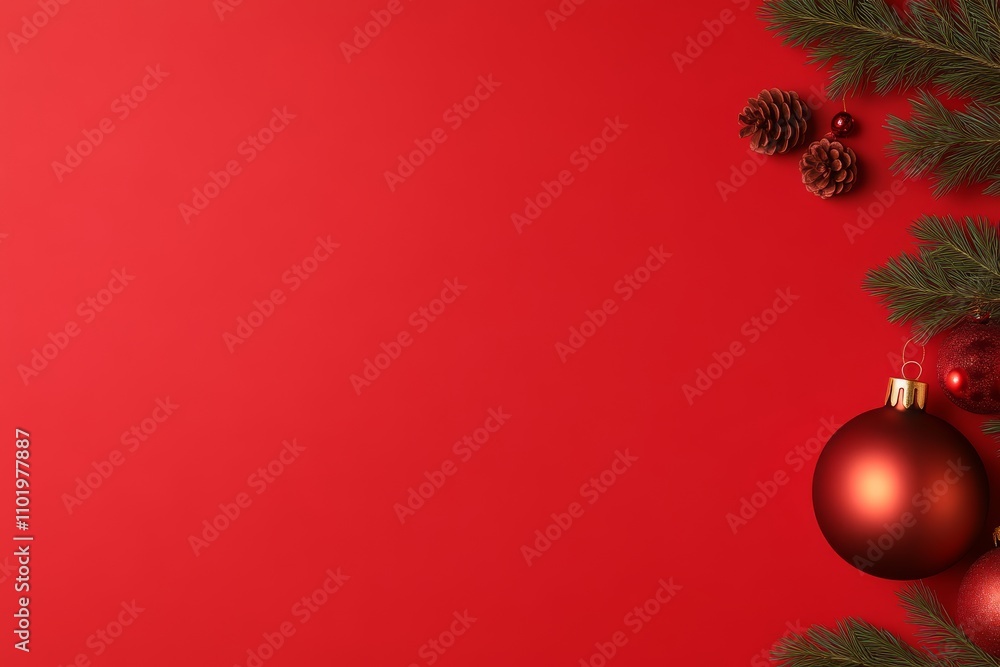 A festive arrangement featuring red ornaments and pinecones on a vibrant red background, perfect for Christmas celebrations. A festive arrangement featuring red ornaments and pinecones on a vibrant red background, perfect for Christmas celebrations.