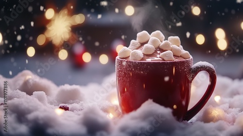 Festive Hot Chocolate with Marshmallows in Snowy Winter Setting