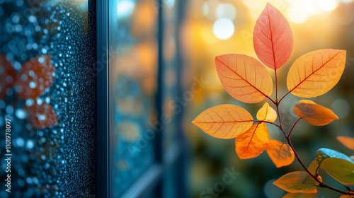 Close-Up of Autumn Leaves and Glass Building