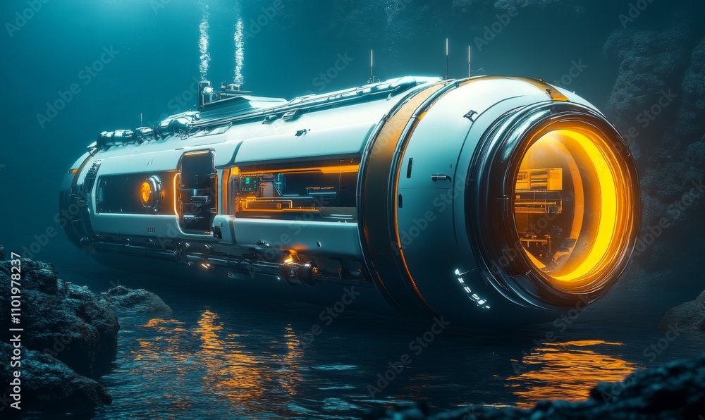 Underwater research station exploring deep-sea ecosystems with advanced robotics, technological exploration, 3D illustration Underwater research station exploring deep-sea ecosystems with advanced robotics, technological exploration, 3D illustration