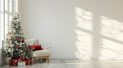 3d render of Christmas tree in living room interior with sofa and gift boxes