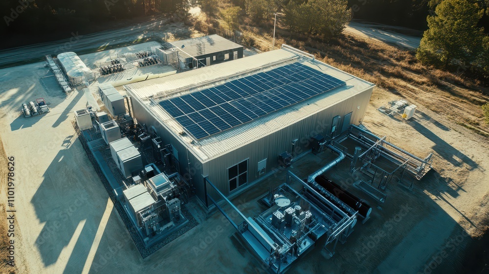 Aerial View of Renewable Microgrid Generator Installation at Research Facility: Soft Daylight, Precision Engineering, and Technological Infrastructure Integration. Aerial View of Renewable Microgrid Generator Installation at Research Facility: Soft Daylight, Precision Engineering, and Technological Infrastructure Integration.
