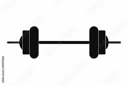 Black barbell icon, dumbbell icon silhouette on white background.