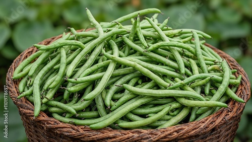 Freshly picked green beans in a basket in a vibrant field