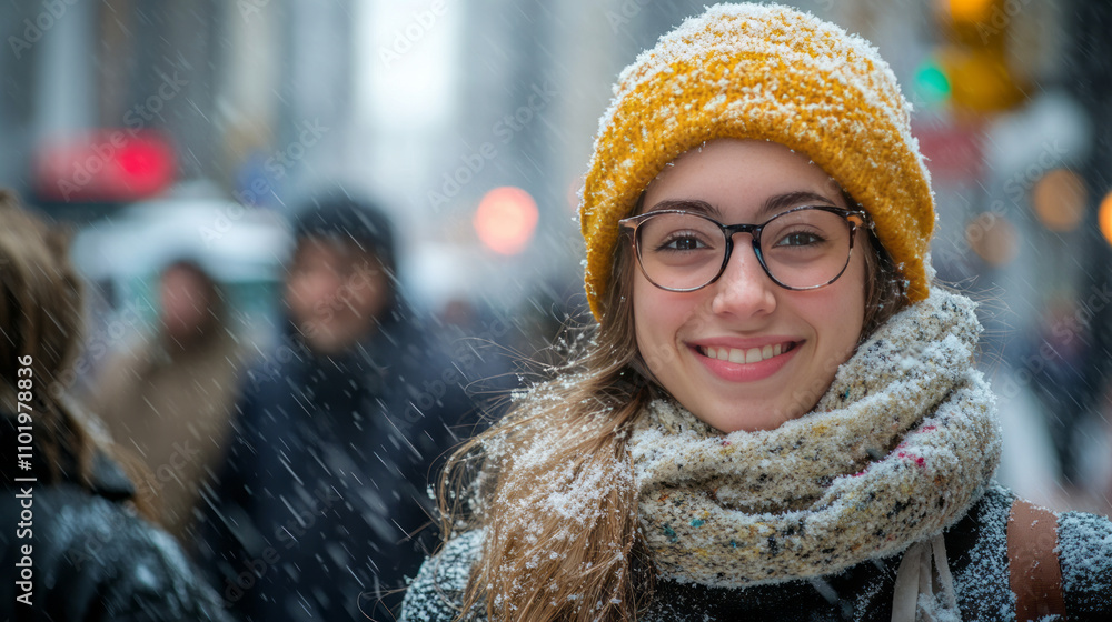 Woman with smile on her face enjoy the snow and snowfall Woman with smile on her face enjoy the snow and snowfall
