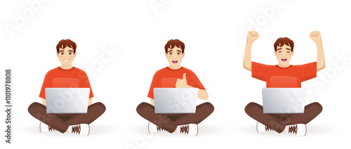 Young teenage man student using laptop computer sitting with crossed legs and different gestures. Isolated vector illustration set