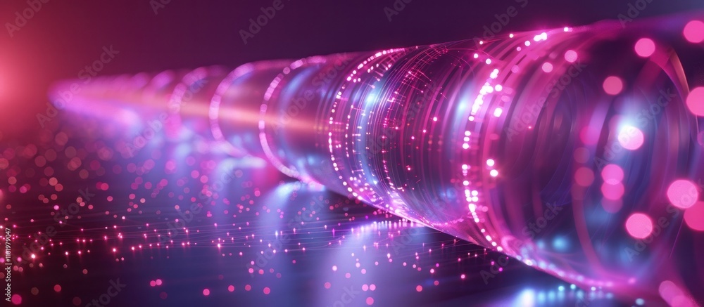 Naklejka premium Mesmerizing Glowing Neon Particle Tunnel in Abstract Digital Lighting Display Captivating and visually stunning futuristic