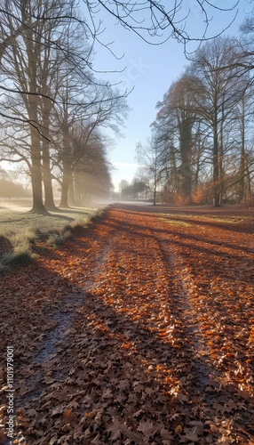 Serene dawn in a misty forest with sunlight filtering through trees and leafy ground cover