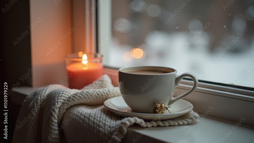 Hot steaming coffee or cocoa on the windowsill against the backdrop of a snowy forest, The concept of comfort and warmth on a winter day or Christmas and New Year's evening Hot steaming coffee or cocoa on the windowsill against the backdrop of a snowy forest, The concept of comfort and warmth on a winter day or Christmas and New Year's evening