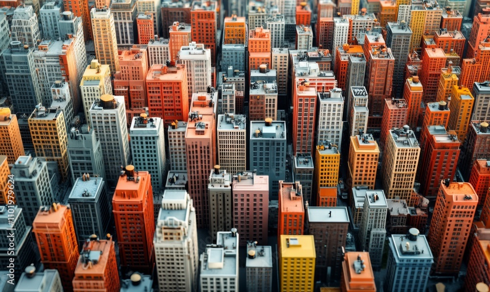 Obraz premium Aerial view of a dense city grid with diverse architectural styles, urban complexity, 3D illustration