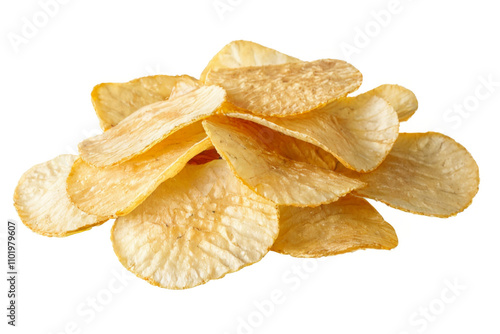 Yellow potato chips on transparent background, arranged in scattered pattern, giving a fresh and appetizing look. photo