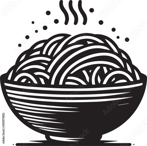 Stylish black and white illustration of pasta in a bowl. A bold, graphic illustration of a bowl overflowing with pasta, in a stylized, black and white design.