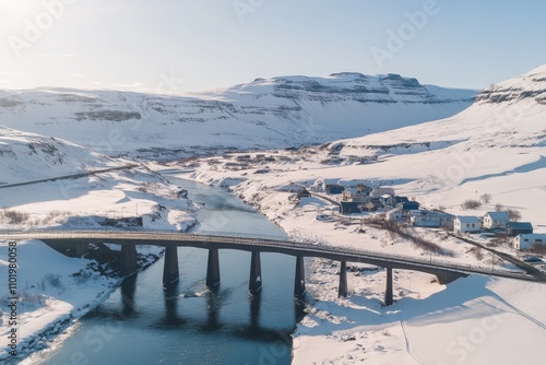 From an aerial perspective, the Ak Kem River shimmers with melting ice against the backdrop of a picturesque landscape in Gorniy Altay Republic, Russia. photo