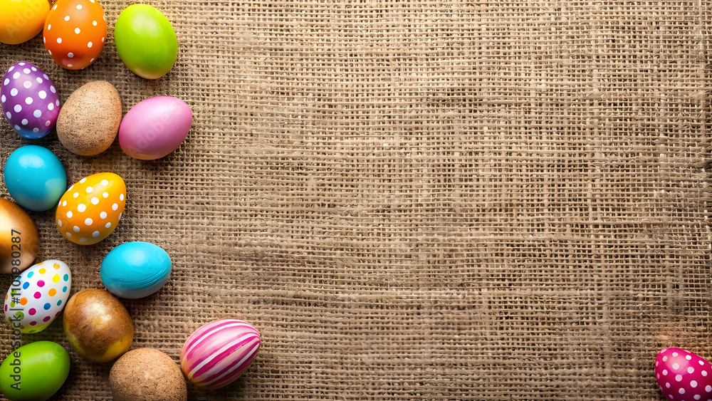 Burlap Texture with Scattered Easter Eggs and Ample Copy Space. Perfect for: Easter, Rustic weddings, DIY projects Burlap Texture with Scattered Easter Eggs and Ample Copy Space. Perfect for: Easter, Rustic weddings, DIY projects