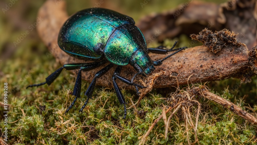 Fototapeta premium Iridescent beetle on bark with metallic sheen
