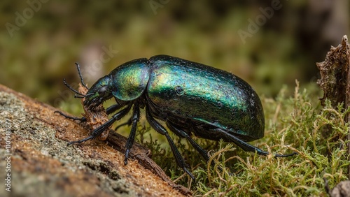 Iridescent beetle on bark with metallic sheen photo