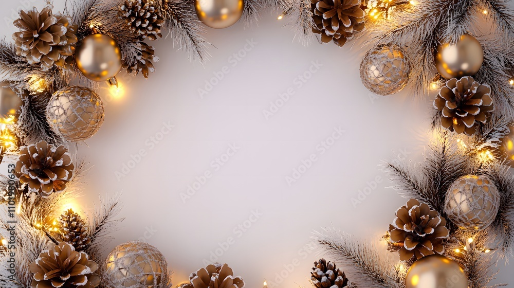 Festive wreath with golden ornaments and pinecones in winter decor Festive wreath with golden ornaments and pinecones in winter decor