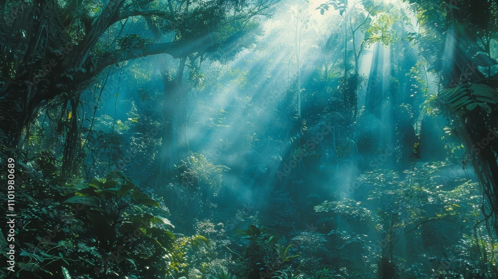 Vibrant rainforest with dense foliage, hanging vines, and sunlight filtering through the canopy Vibrant rainforest with dense foliage, hanging vines, and sunlight filtering through the canopy