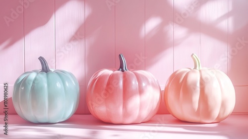 Large pastel colored pumpkins on pink background photo