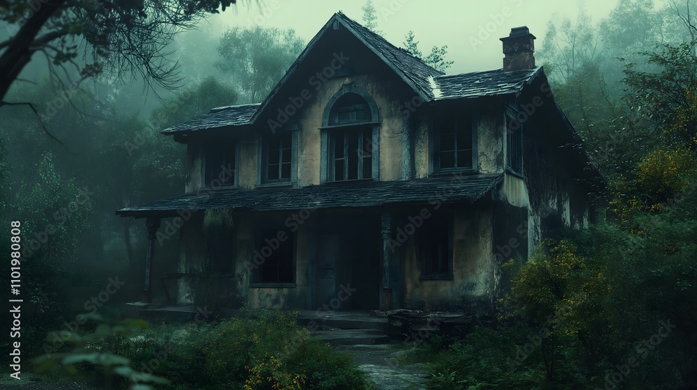 Foggy, abandoned house in the woods. Foggy, abandoned house in the woods.
