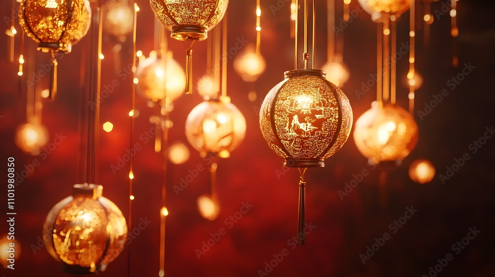 Beautiful hanging lanterns illuminating a festive atmosphere at night Beautiful hanging lanterns illuminating a festive atmosphere at night