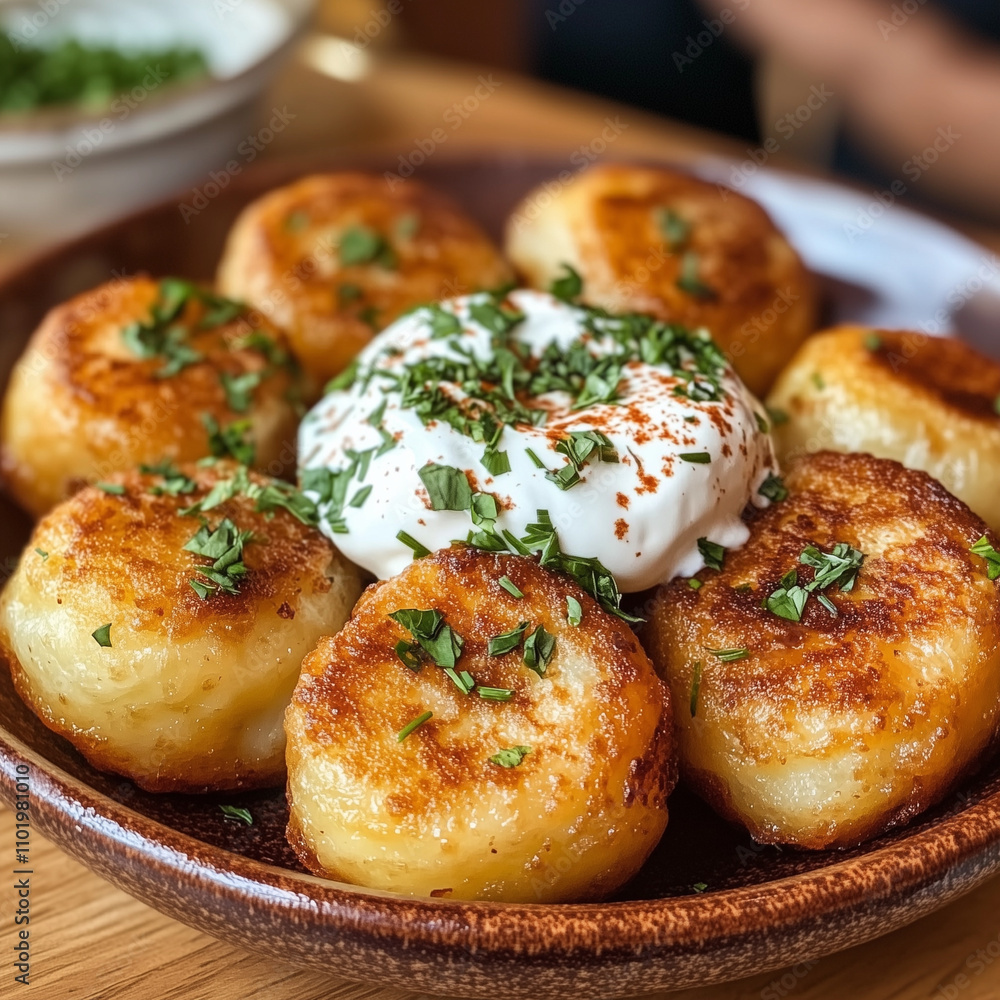 Golden brown potato dumplings topped with sour cream and sprinkled with fresh parsley Golden brown potato dumplings topped with sour cream and sprinkled with fresh parsley