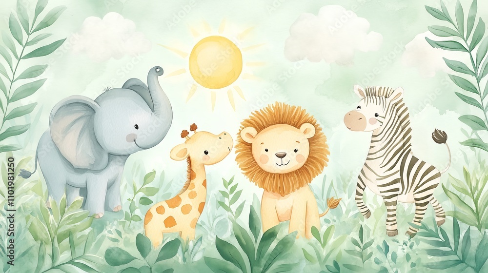 A whimsical watercolor of an elephant, lion cub, giraffe, and zebra creates a cozy nursery vibe.