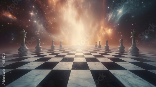 A stunning surreal image featuring a chessboard stretching into a glowing cosmic background. The scene evokes strategic thinking, space exploration, and mystery, with chess pieces aligned under a photo