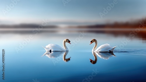 Two swans drift gracefully on a mirror-like lake, reflecting the vast sky above, set in a landscape that exudes peace and tranquility, capturing nature's beauty. photo