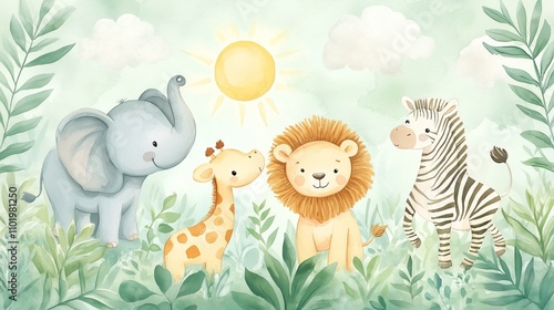 Obraz na płótnie A whimsical watercolor of an elephant, lion cub, giraffe, and zebra creates a cozy nursery vibe. w salonie