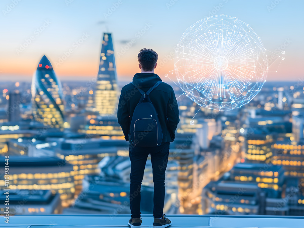 Obraz premium Exploring the future young man overlooking city skyline with digital insights urban environment inspirational perspective