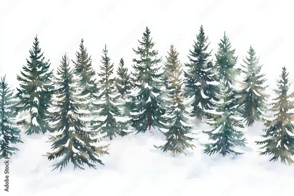 Fototapeta premium a dense pine forest blanketed in snow, deep winter scene, realistic, isolated on white background