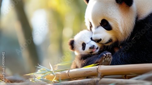 A charming scene where a playful panda engages with its cub amidst lush bamboo, symbolizing delightful joy and familial friendship in an enchanting natural backdrop. photo