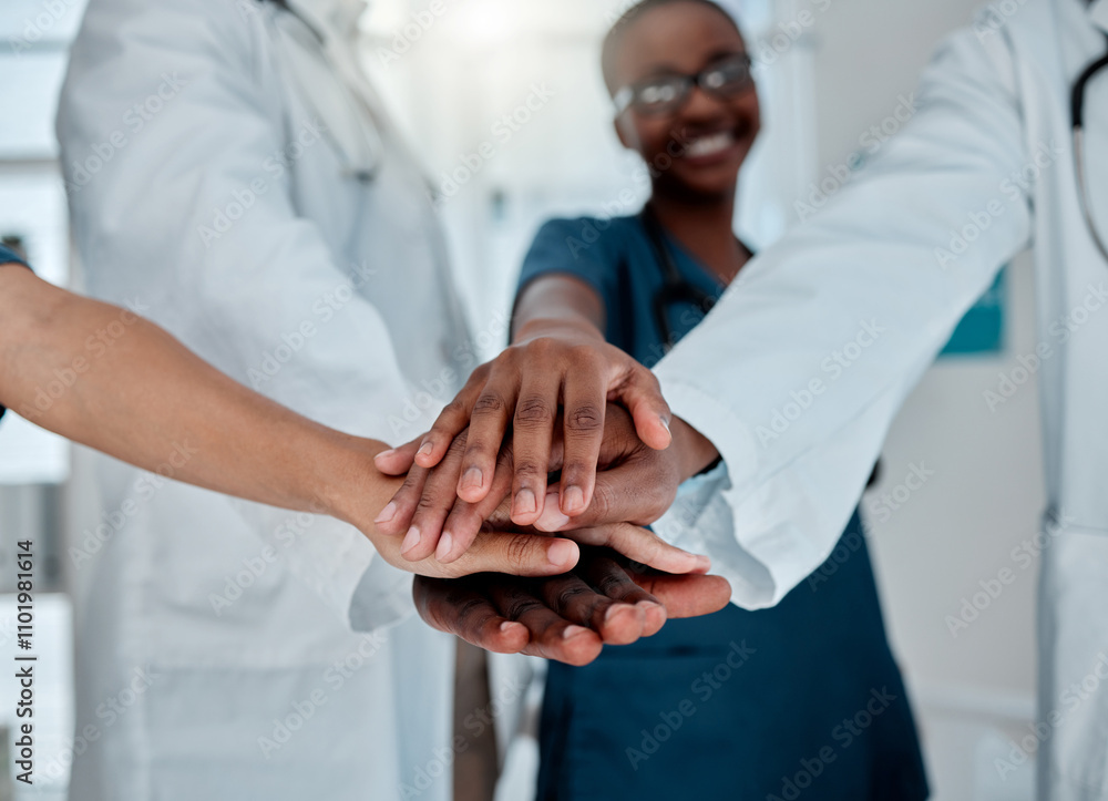 Doctors, hands or pile in hospital for healthcare, teamwork support or synergy. People, medical group or huddle in clinic for collaboration, diversity or partnership trust with solidarity for surgery Doctors, hands or pile in hospital for healthcare, teamwork support or synergy. People, medical group or huddle in clinic for collaboration, diversity or partnership trust with solidarity for surgery