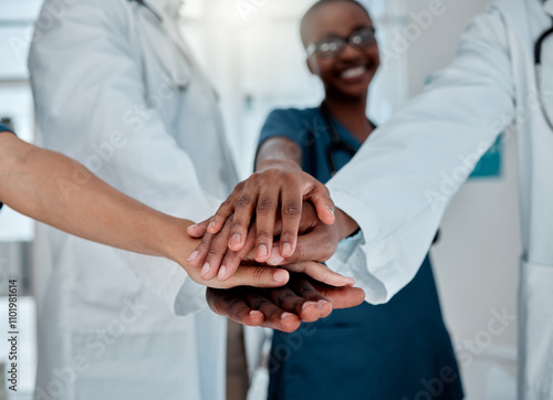 Konstfotografi Doctors, hands or pile in hospital for healthcare, teamwork support or synergy