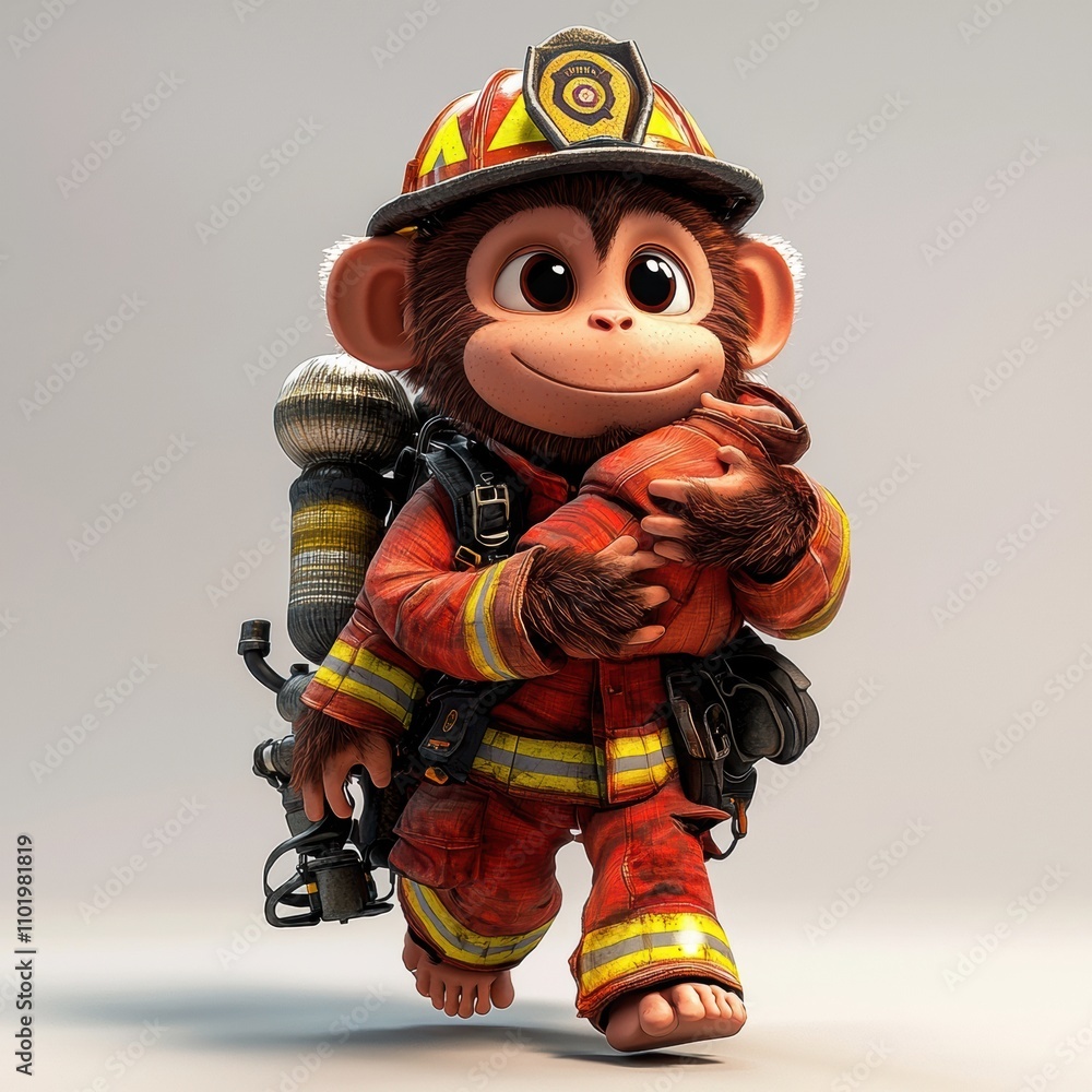 Brave Little Firefighter Monkey: A charming 3D-rendered monkey, dressed in a firefighter's uniform, bravely carries an extinguisher. This adorable image is perfect for children's books, animation. Brave Little Firefighter Monkey: A charming 3D-rendered monkey, dressed in a firefighter's uniform, bravely carries an extinguisher. This adorable image is perfect for children's books, animation.