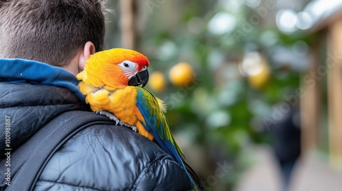 A dazzling parrot with vibrant, bold feathers rests comfortably on a person's shoulder in a natural park setting, highlighting the beauty of avian companionship. photo