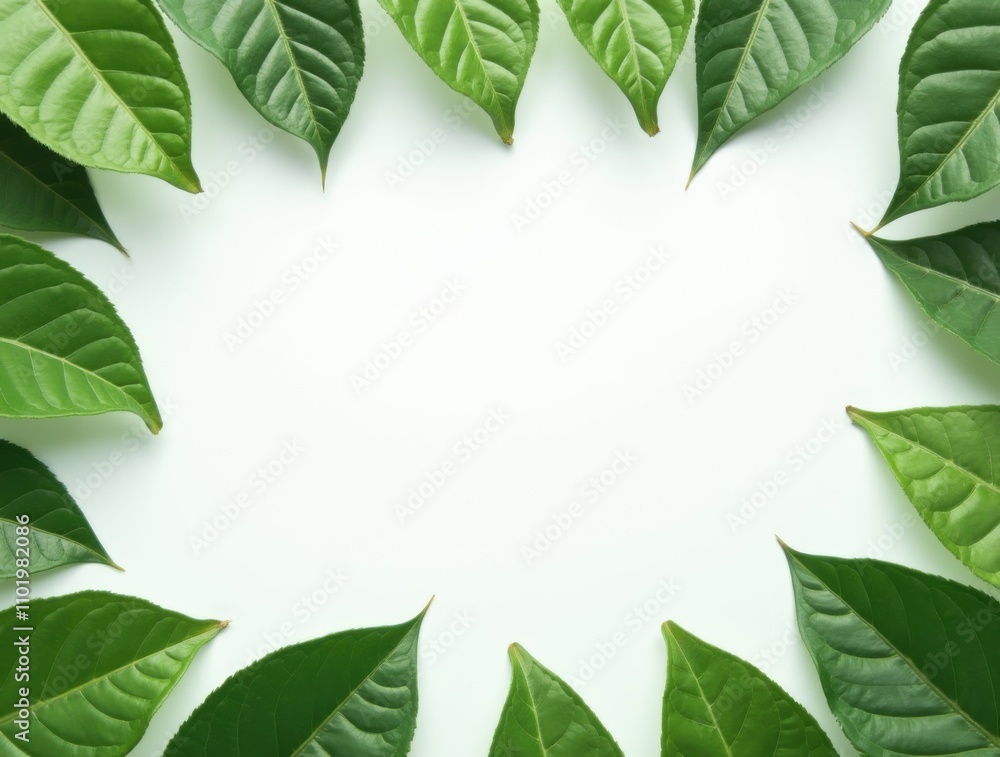 Fototapeta premium Floral frame template. Green leaves border. Leaf frame banner