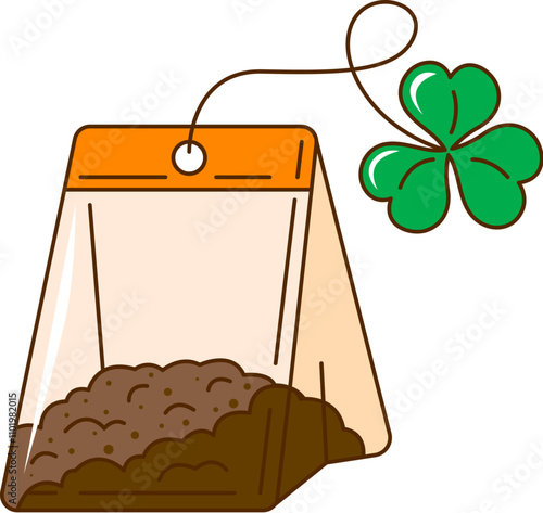 Cartoon tea bag, retro groovy saint Patrick day holiday symbol of Irish beverage. Isolated vector teabag with green shamrock, clover trefoil plant on rope. Dry drink leaves in paper or textile package