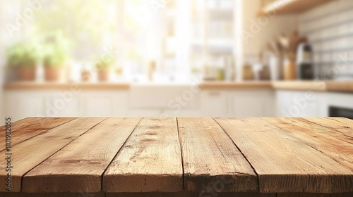 Empty Wooden Table Set Against Blurred Light Kitchen Background