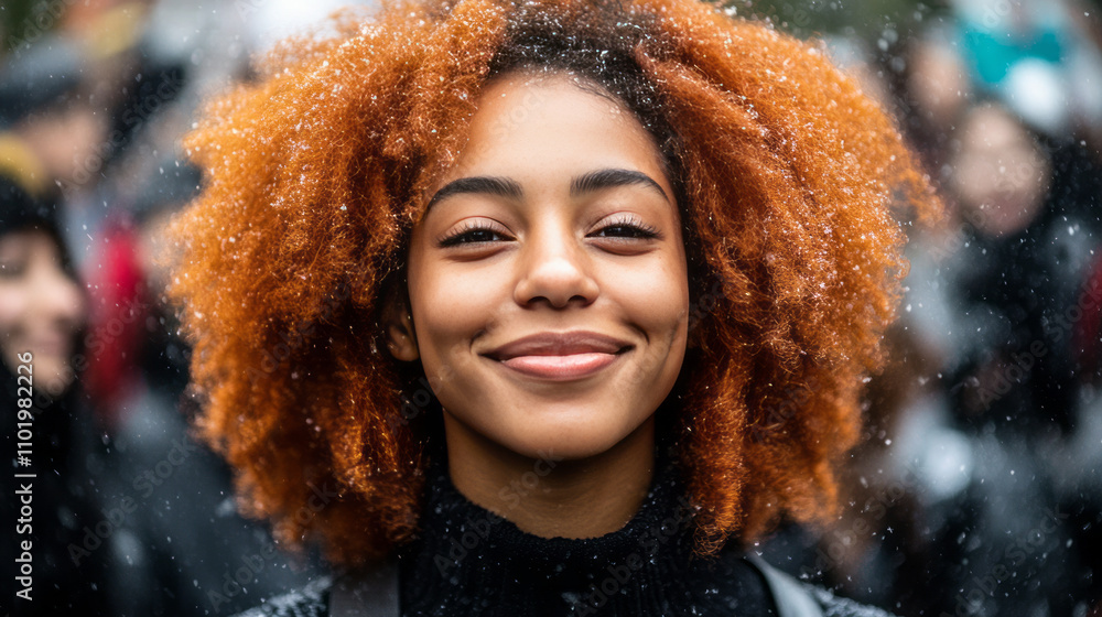 Woman with smile on her face enjoy the snow and snowfall