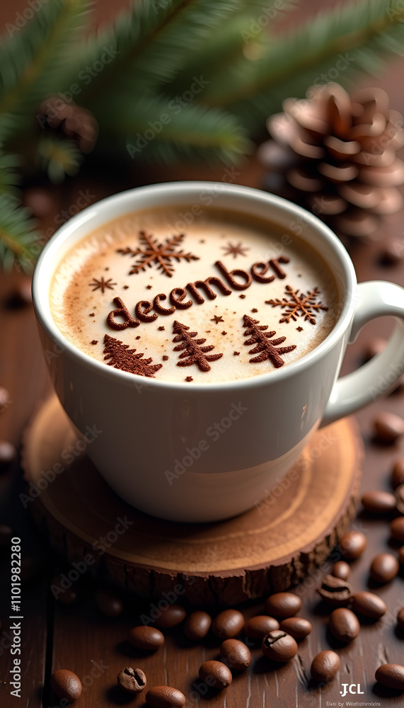 Coffee cup with December-themed latte art, cozy atmosphere, decorated with pine and coffee beans, copy space Coffee cup with December-themed latte art, cozy atmosphere, decorated with pine and coffee beans, copy space